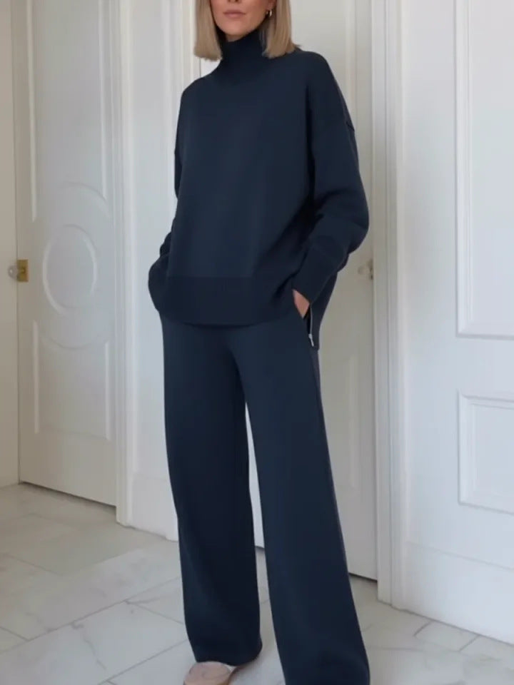 Damen Bequemes Strick-Loungewear-Set mit hochgeschlossenem Pullover und weit geschnittenen Hosen Drune