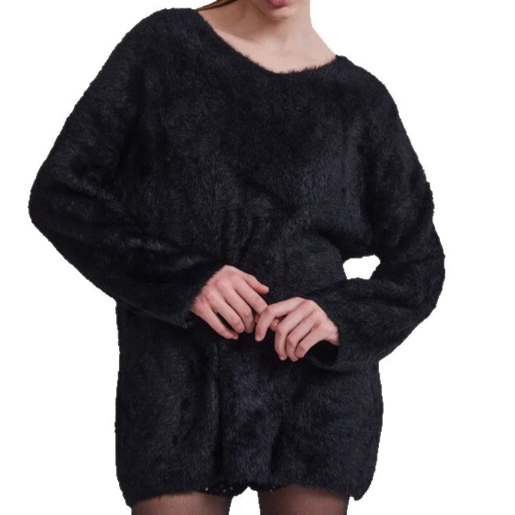 Damen Oversize-Flauschpullover mit V-Ausschnitt und Teddy-Optik Drune