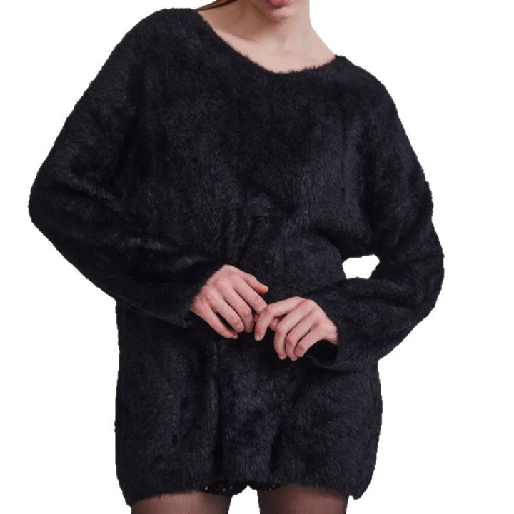 Damen Oversize-Flauschpullover mit V-Ausschnitt und Teddy-Optik Drune