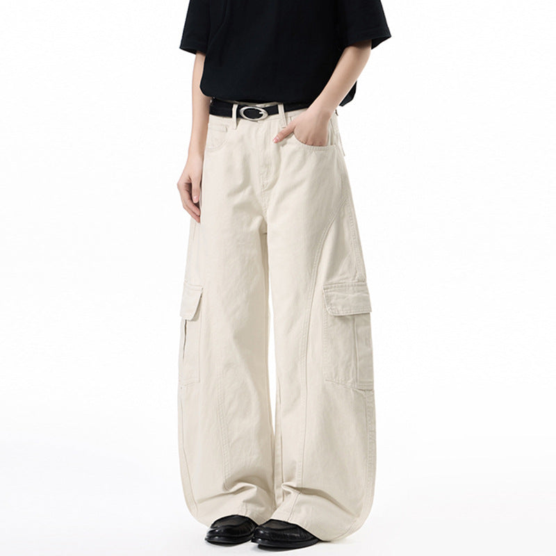 Damen Extraweite Hochtaillierte Cargo-Palazzo-Hose aus Baumwoll-Twill mit Pattentaschen Drune