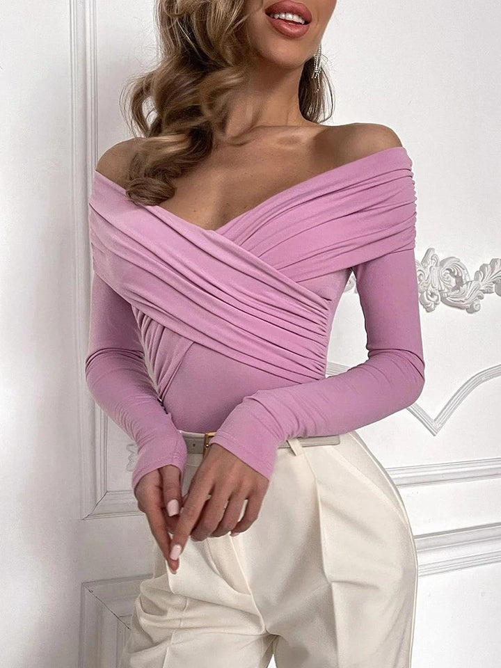 Damen Off-Shoulder Oberteil mit raffiniertem Wickeldesign und langen Ärmeln Drune