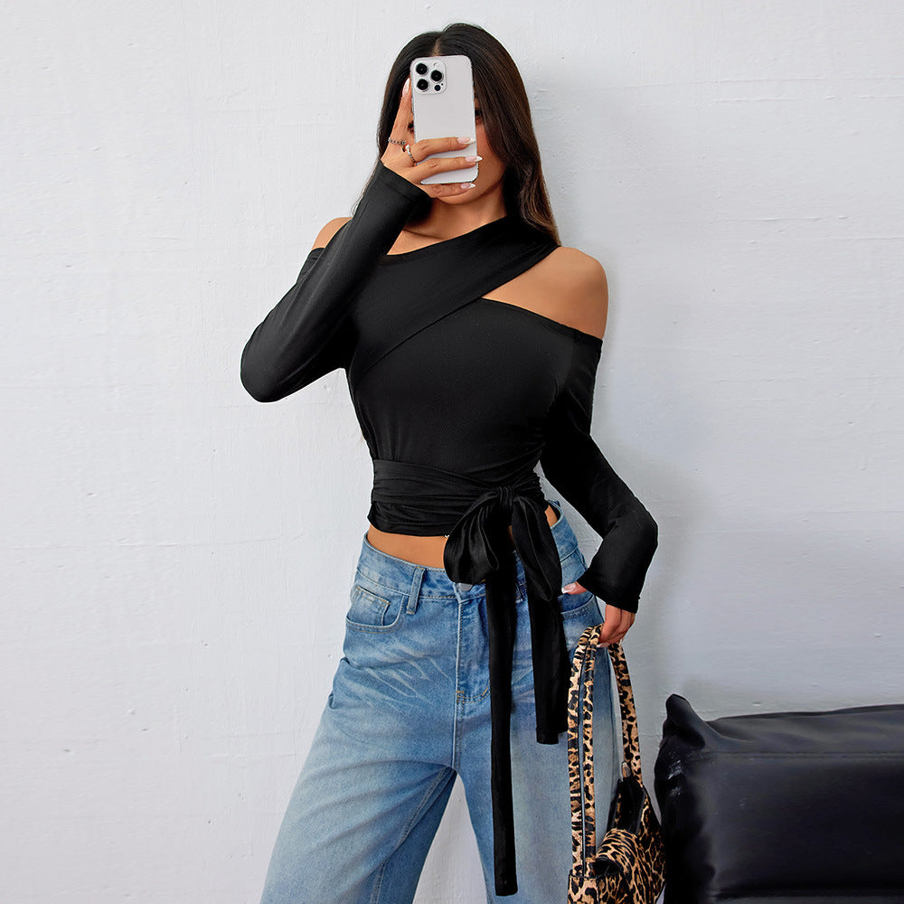 Damen asymmetrisches Wickeloberteil mit modischem Halter-Design und eleganter Raffung Drune