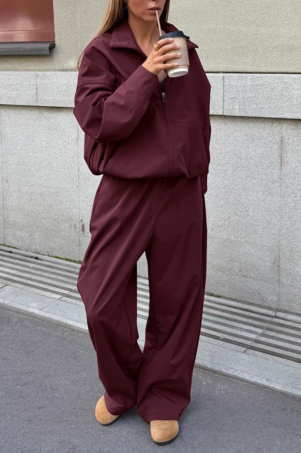 Drune | Burgunder Langarm Revers Trenchcoat Hoch Taillierte Slim Fit Hose Satz