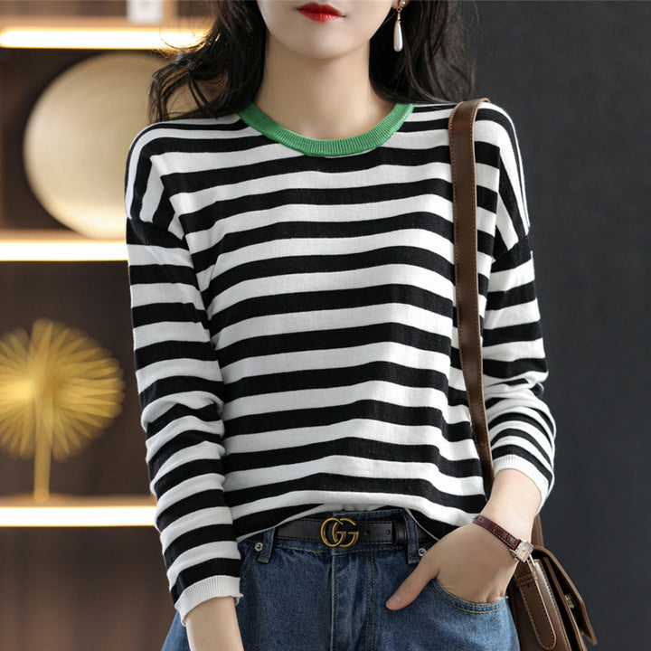 Damen Maritim-inspiriertes gestreiftes Feinstrick-Shirt mit weitem Boot-Ausschnitt und Kontrastkante Drune