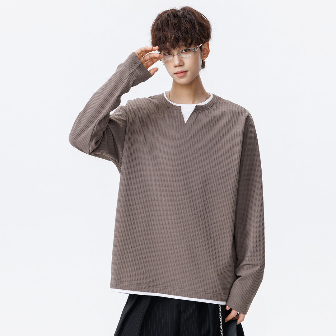 Herren Oversized Waffelstruktur-Sweatshirt mit V-Ausschnitt und Lagenoptik Drune