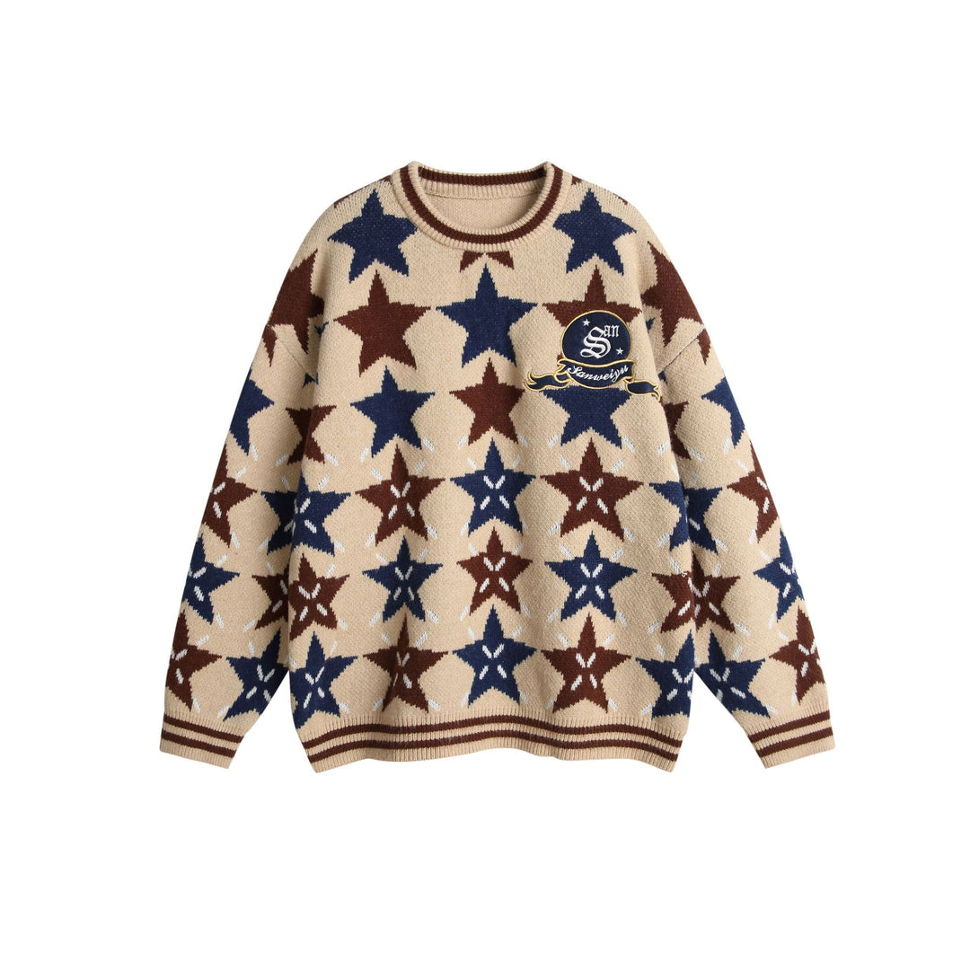 Unisex Grobgestrickter Oversize-Pullover mit Stern-Intarsien und gesticktem Logopatch Drune