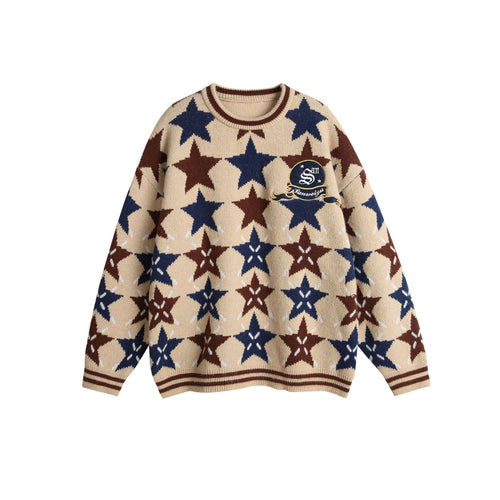 Unisex Grobgestrickter Oversize-Pullover mit Stern-Intarsien und gesticktem Logopatch Drune