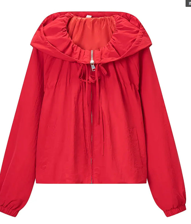 Damen Kurz geschnittene Wollmix-Jacke mit Stehkragen, Reißverschluss und Ballonärmeln Drune