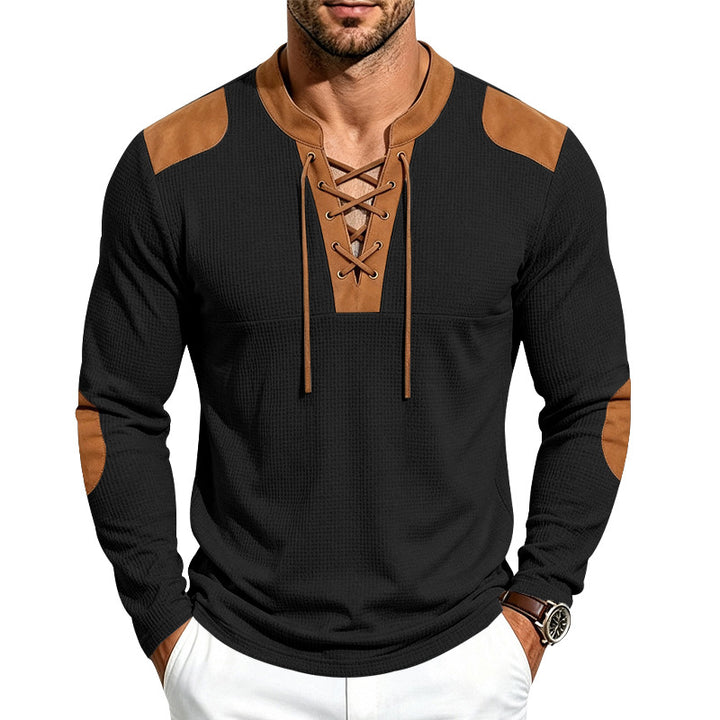 Herren Langarm-Waffelshirt mit Schnürkragen und Kunstlederapplikationen Drune