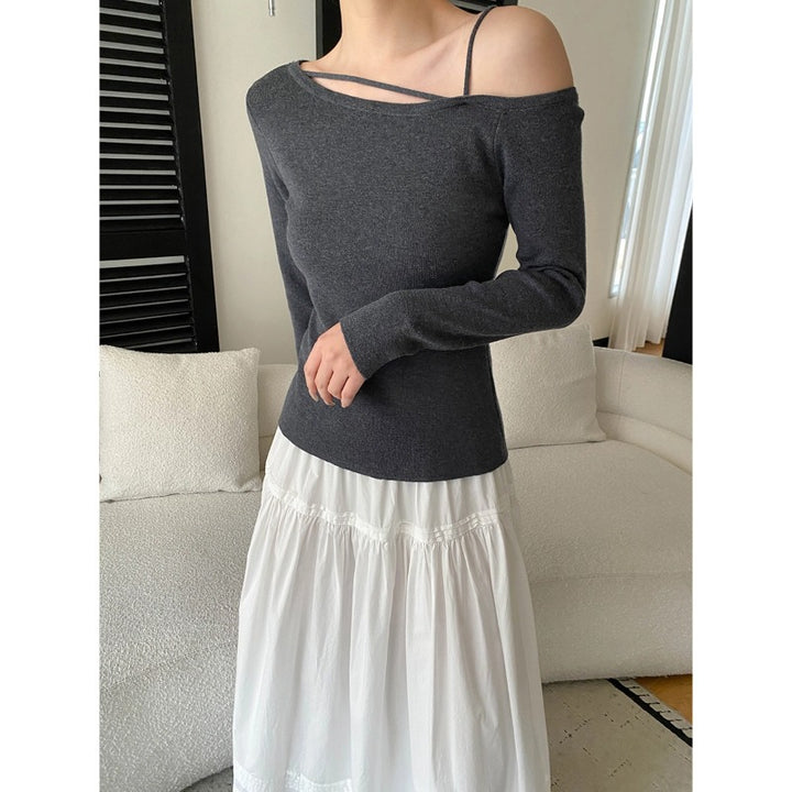Damen elegantes Oberteil mit asymmetrischem Ausschnitt und feinen Rippdetails Drune