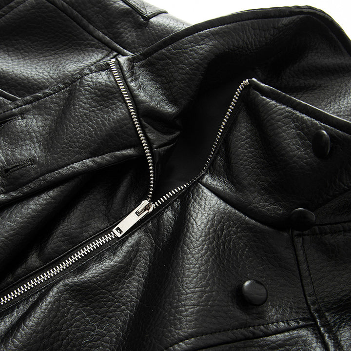 Damen nan asymmetrische Oversize Kunstlederjacke mit Stehkragen, Schulterklappen und Tunnelzugsaum Drune