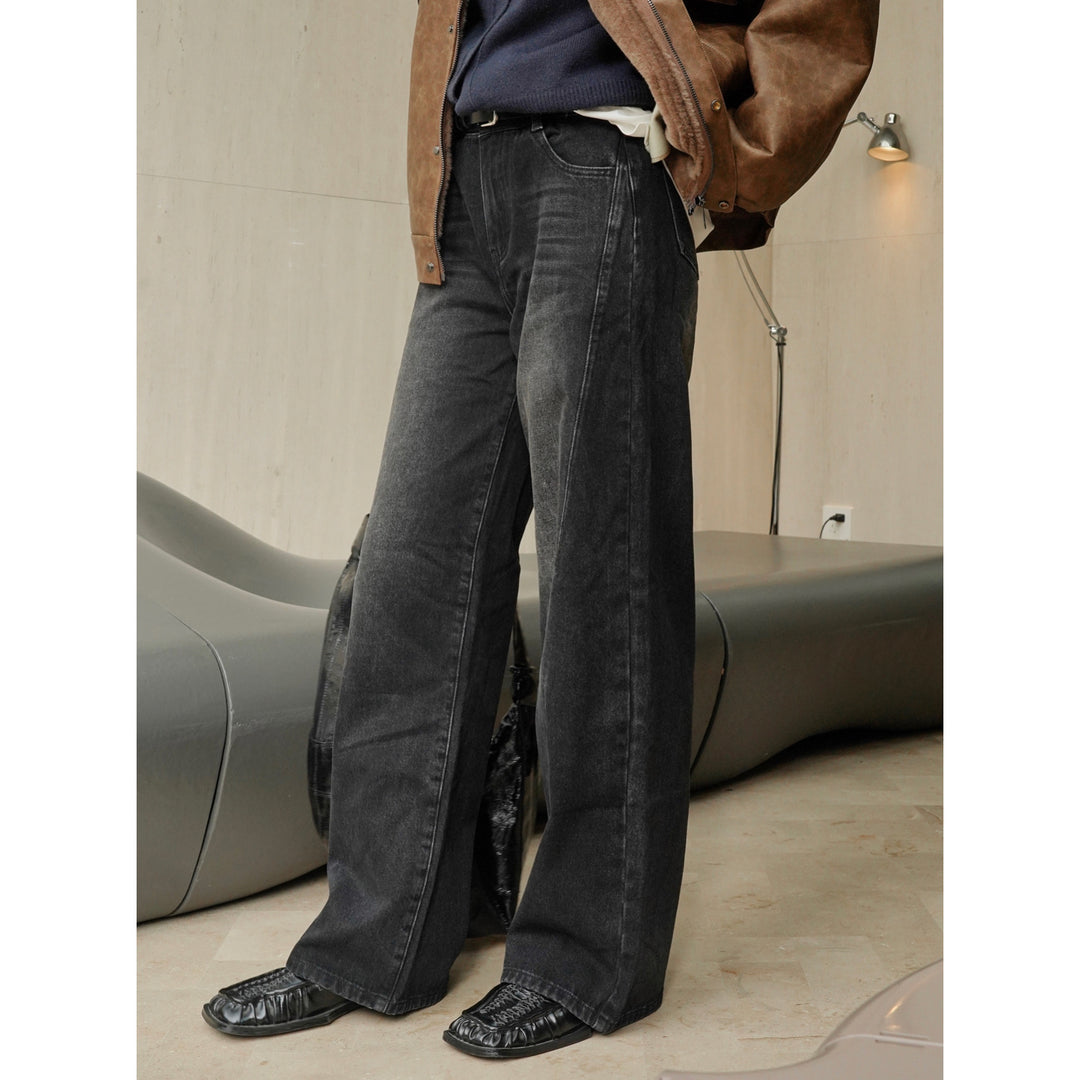 Damen weite High‑Waist Denim‑Jeans im Baggy‑Cut mit Mittelnaht und Used‑Effekt Drune