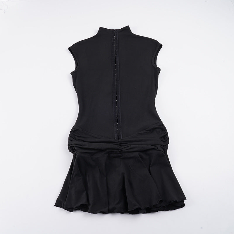 Damen elegantes Stretchkleid mit hochgeschlossenem Kragen und Rüschendetails Drune