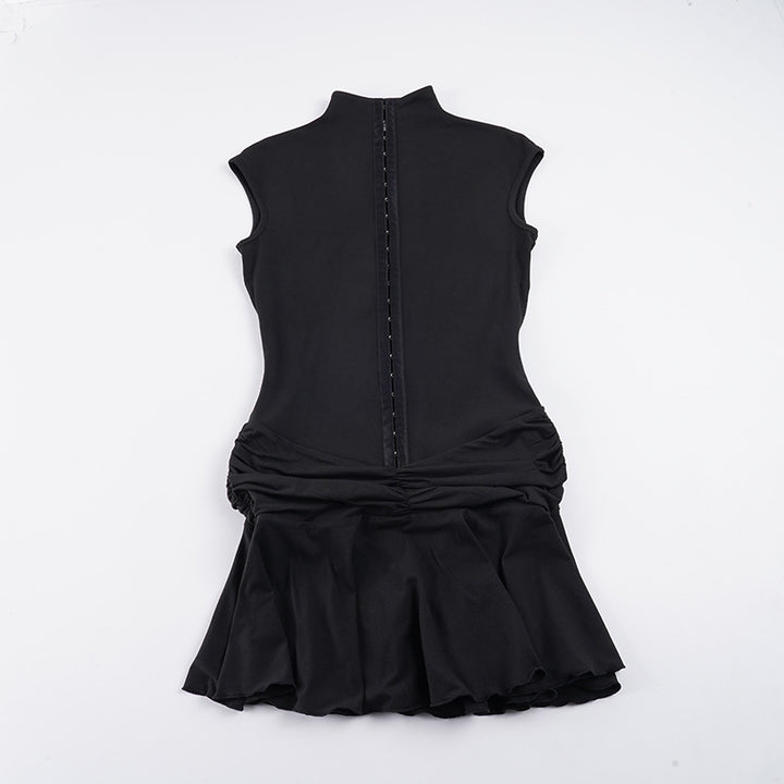 Damen elegantes Stretchkleid mit hochgeschlossenem Kragen und Rüschendetails Drune