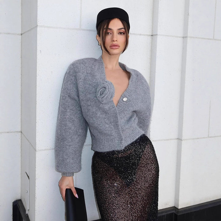 Damen Kurzer Mohair-Cardigan mit Rosenapplikation und kastiger Silhouette Drune