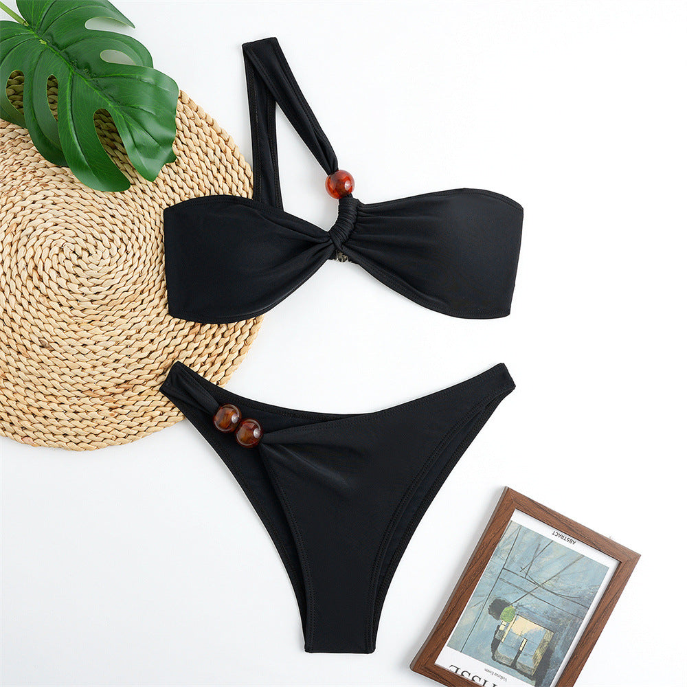 Damen Bikini-Set mit asymmetrischem Halter-Neck und dekorativen Hosenknöpfen Drune