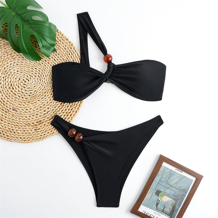 Damen Bikini-Set mit asymmetrischem Halter-Neck und dekorativen Hosenknöpfen Drune