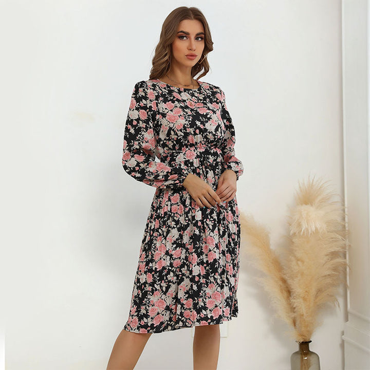 Damen Midikleid mit floralem Allover‑Print, Taillenraffung und seitlichem Schlitz Drune