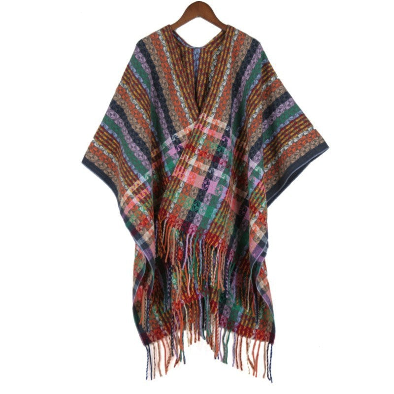 Damen Mehrfarbiger Web‑Poncho im Boho‑Patchwork‑Design mit Fransen Drune