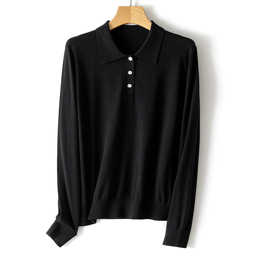 Damen Feiner Langarm-Polo-Pullover aus Feinstrick mit Knopfleiste Drune