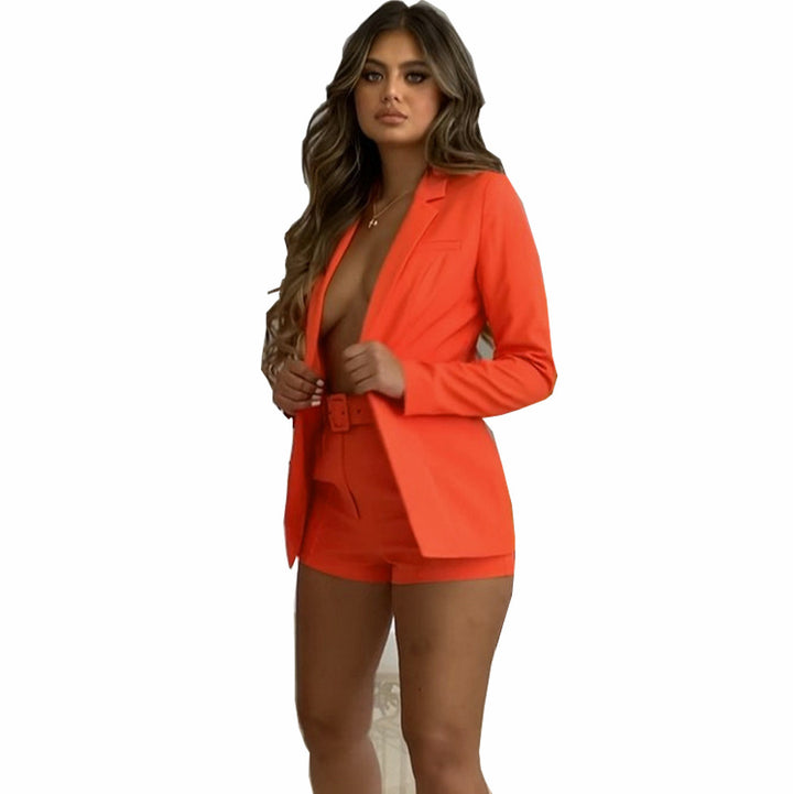 Damen Zweiteiliges maßgeschneidertes Blazer‑Set mit hochtaillierten Shorts und Gürtel Drune