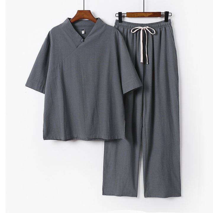 Unisex Leichtes Kimono-Loungewear-Set mit V-Ausschnitt und Tunnelzug-Hose Drune