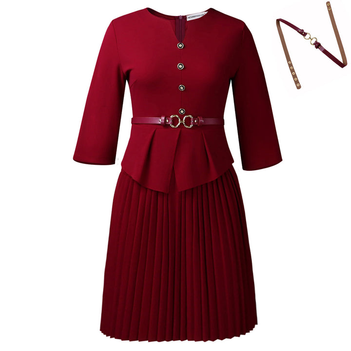 Damen Plissee Kleid mit taillierter Bluse und modischem Gürtel Drune
