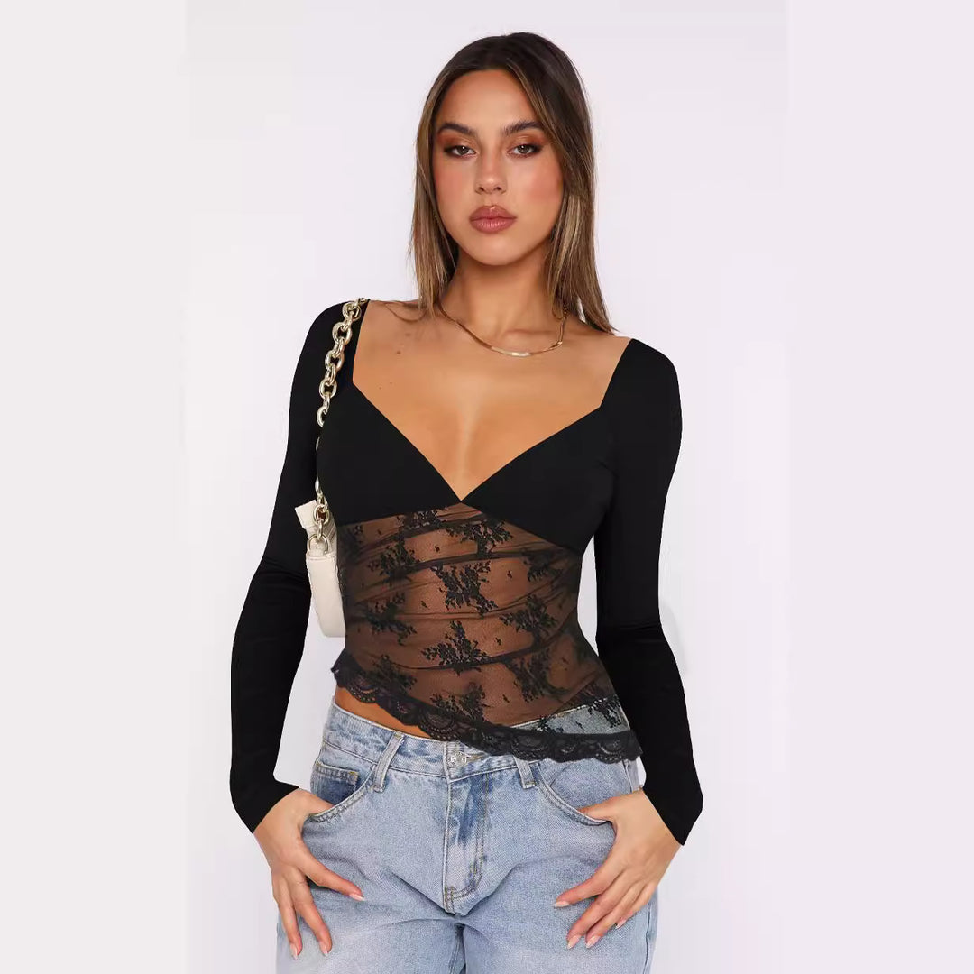 Damen Spitzenbluse mit tiefem V-Ausschnitt und langärmligem Design Drune
