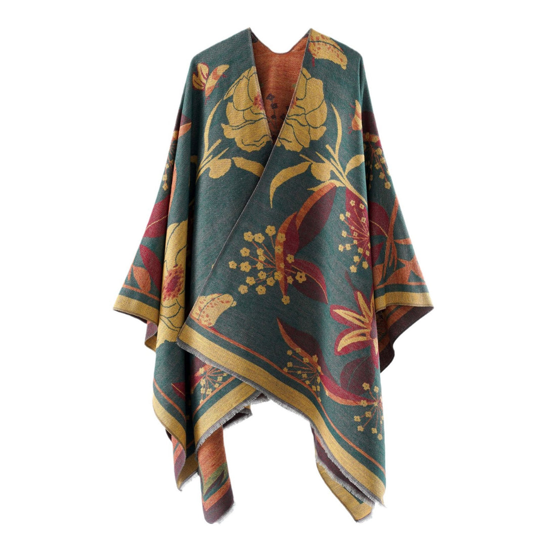 Damen Floraler Jacquard-Überwurf im kastigen Kimono-Fall mit feiner Fransenkante Drune