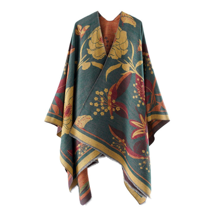 Damen Floraler Jacquard-Überwurf im kastigen Kimono-Fall mit feiner Fransenkante Drune