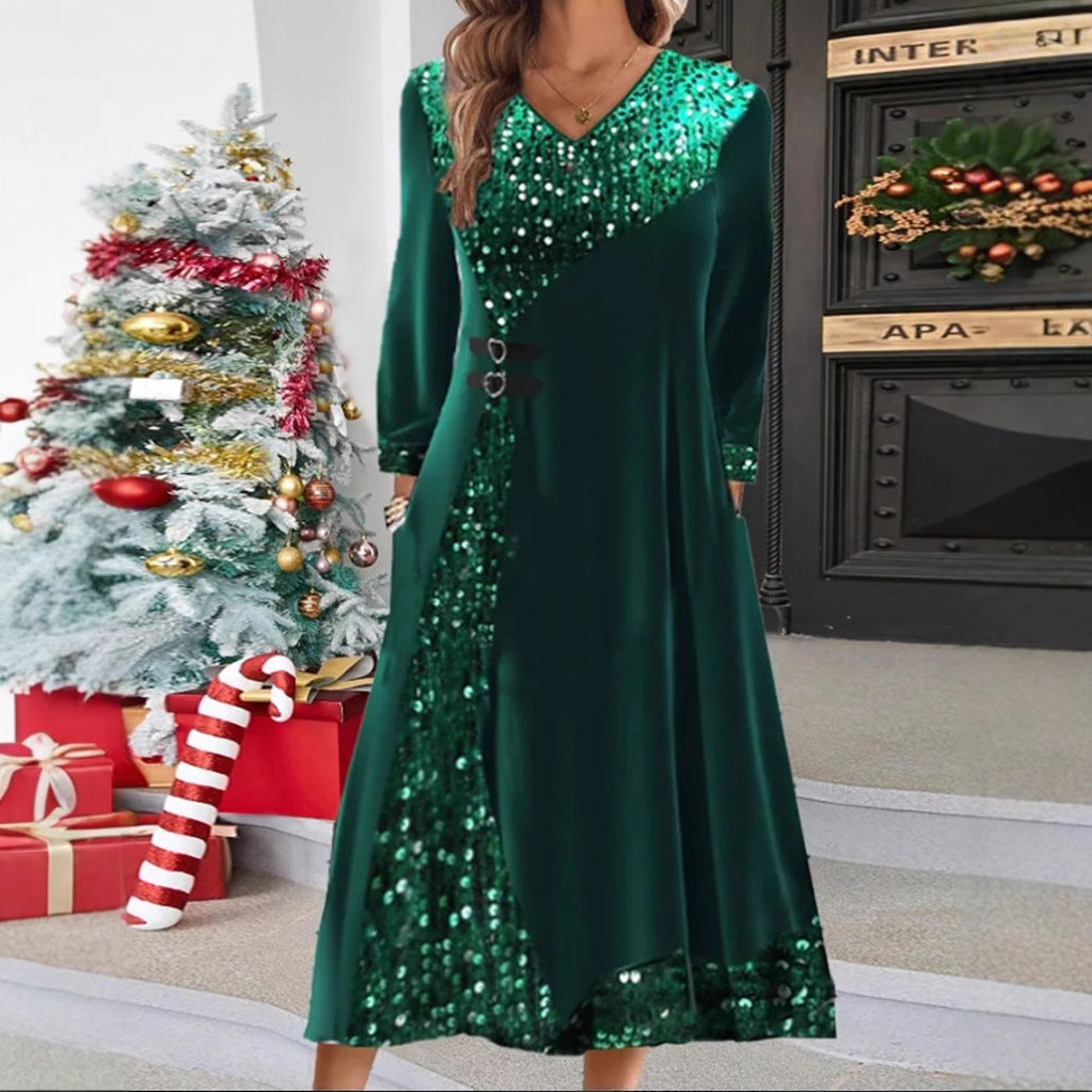 Damen nan festliches Pailletten-Panel-Maxikleid mit V-Ausschnitt langen Ärmeln und dekorativen Taillengurten Drune