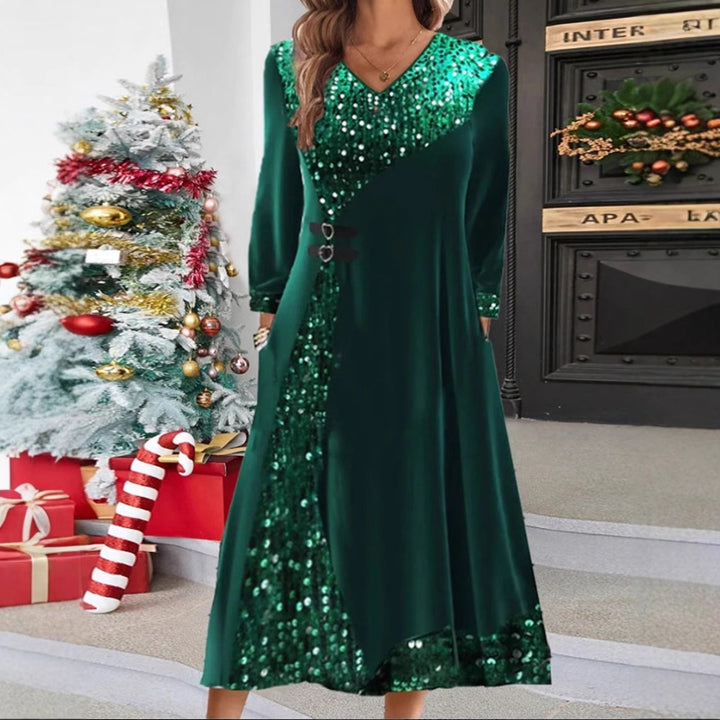 Damen nan festliches Pailletten-Panel-Maxikleid mit V-Ausschnitt langen Ärmeln und dekorativen Taillengurten Drune