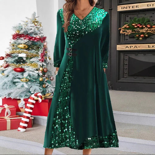 Damen nan festliches Pailletten-Panel-Maxikleid mit V-Ausschnitt langen Ärmeln und dekorativen Taillengurten Drune