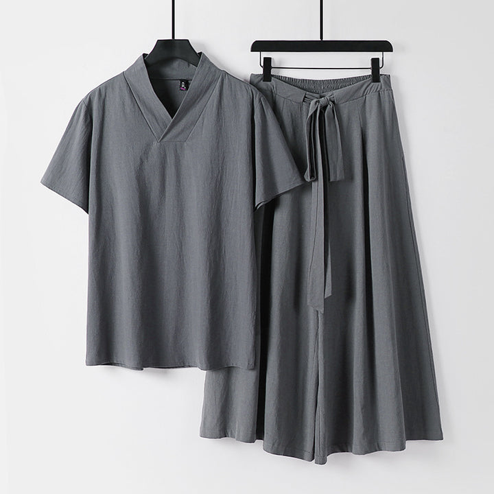 Damen Leichtes Loungewear-Set mit V-Ausschnitt-Shirt und weit schwingendem Midirock mit Kordelzug Drune