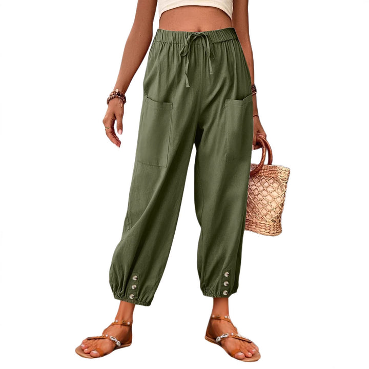 Damen Leinenlook Loungehosen mit hohem elastischem Taillenbund, Kordelzug, aufgesetzten Taschen und geknöpftem Saum Drune