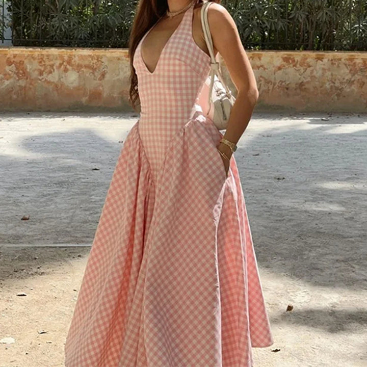 Damen Maxikleid mit V-Ausschnitt und schwingendem Rock Drune