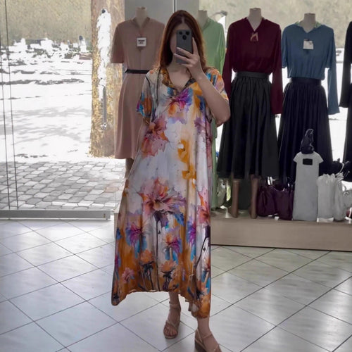 Damen nan fließendes Maxi-Kaftankleid mit V-Ausschnitt und großflächigem Aquarell-Blumenprint Drune