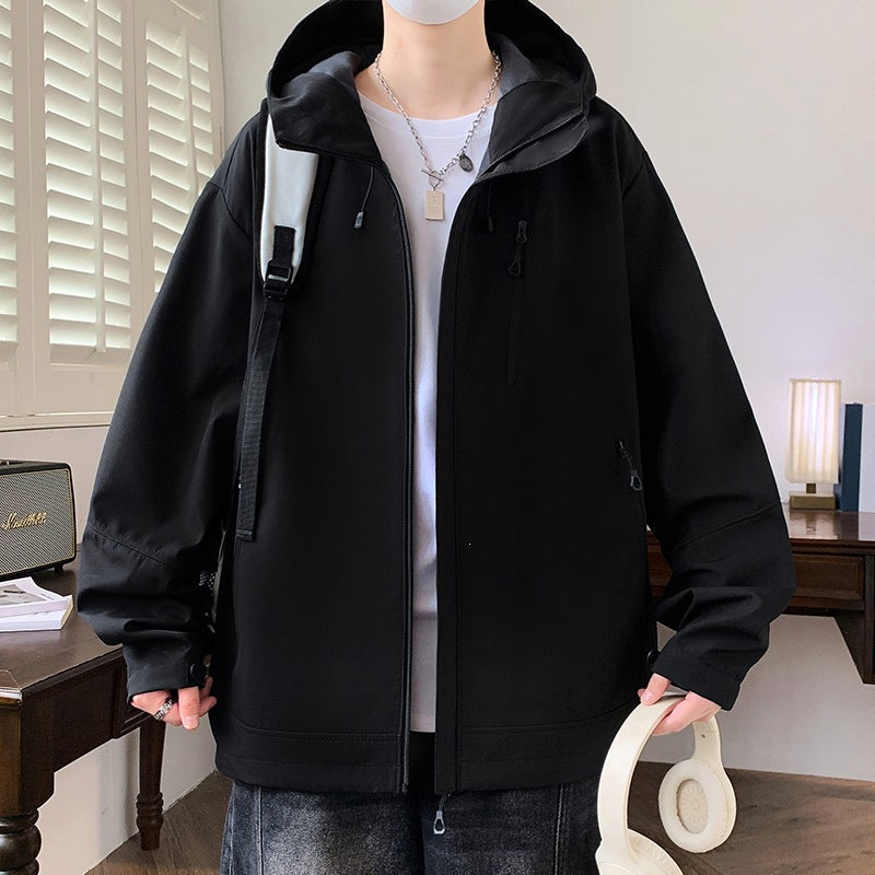 Herren Boxy-Kapuzen-Softshelljacke mit verdecktem Reißverschluss, Multifunktionalen Zipper-Taschen & Oversize-Schnitt Drune