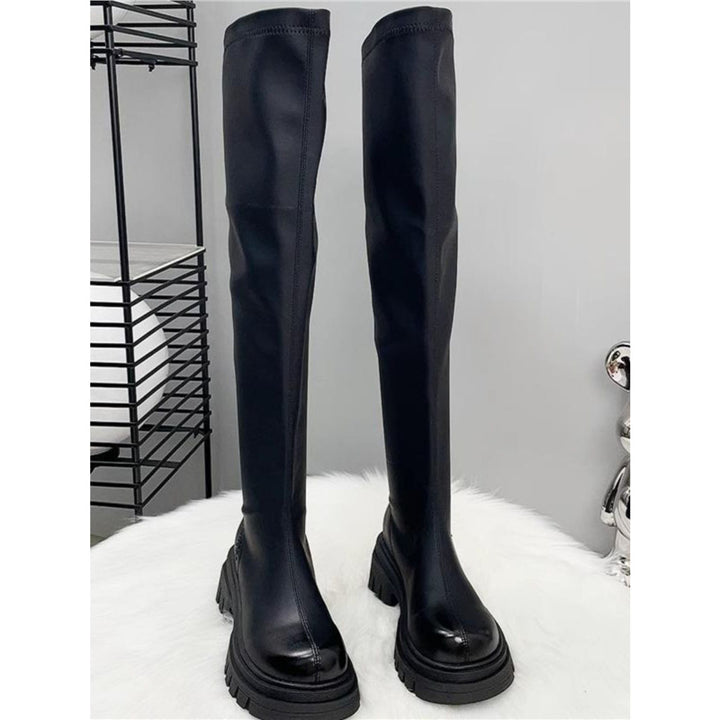 Damen Oberschenkelhohe Stretch-Stiefel mit schlankem Schaft und geformter Plateau-Sohle Drune