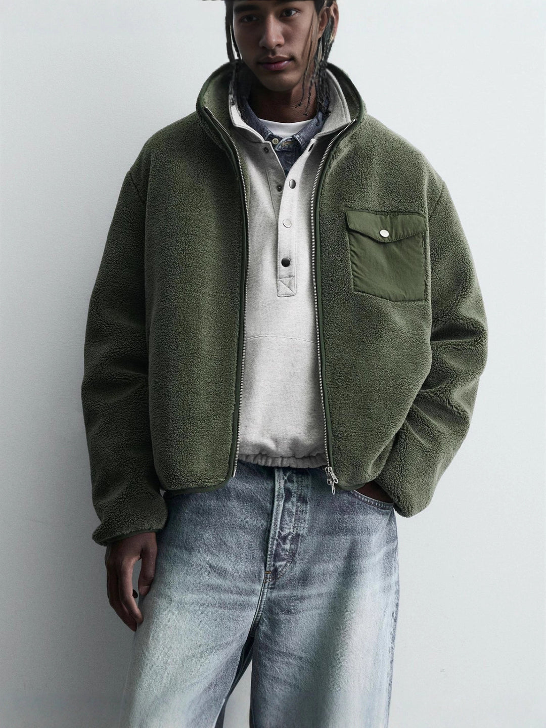 Herren Fleece‑Blouson mit Stehkragen, Zwei‑Wege‑Reißverschluss und Pattentasche Drune
