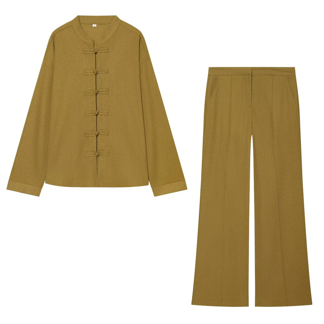 Damen Zweiteiliges Ensemble mit locker geschnittener Knotenjacke und weiter Hochgeschnittener Hose Drune
