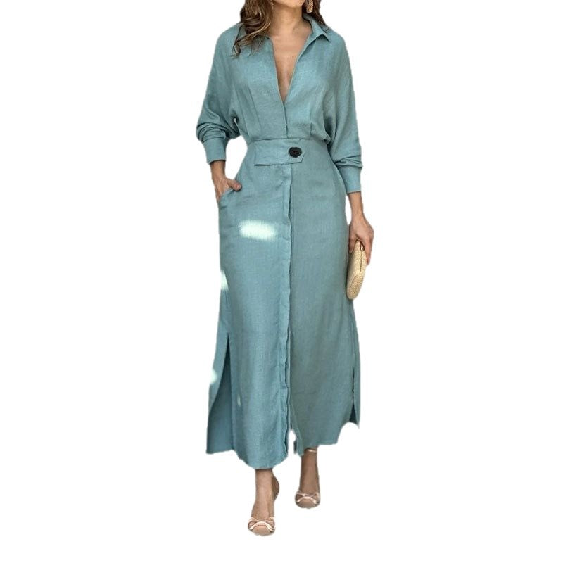 Damen stilvolles Maxikleid mit Hemdkragen und seitlichen Schlitzdetails Drune