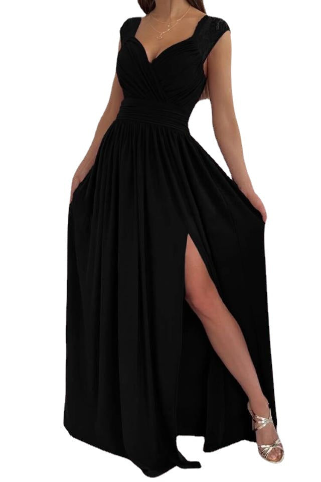Damen elegantes Maxikleid mit transparenten Spitzenakzenten und seitlichem Schlitz Drune