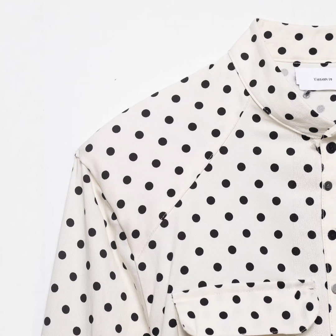 Damen Taillierte Blusenjacke mit Stehkragen, Bindegürtel und Punkteprint Drune
