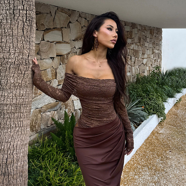 Damen Elegantes Abendkleid mit schulterfreiem Design und Spitzenärmeln Drune