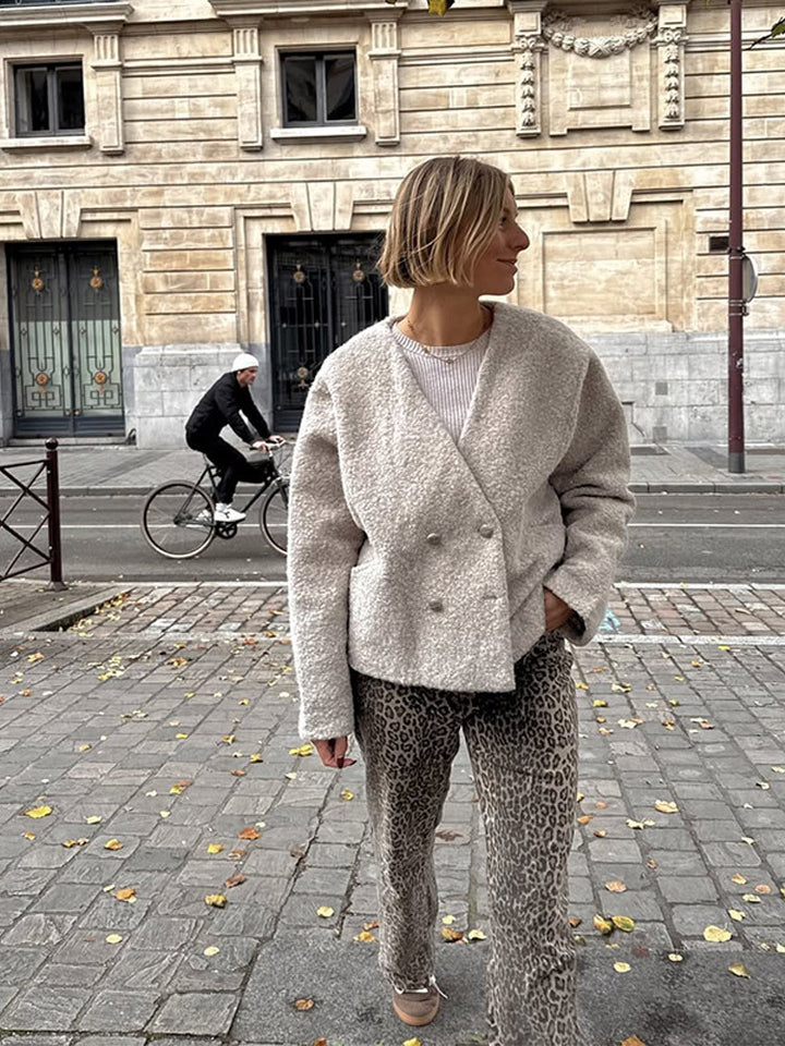 Damen Kurze Teddyjacke mit Doppelknopf-Verschluss und V‑Ausschnitt Drune