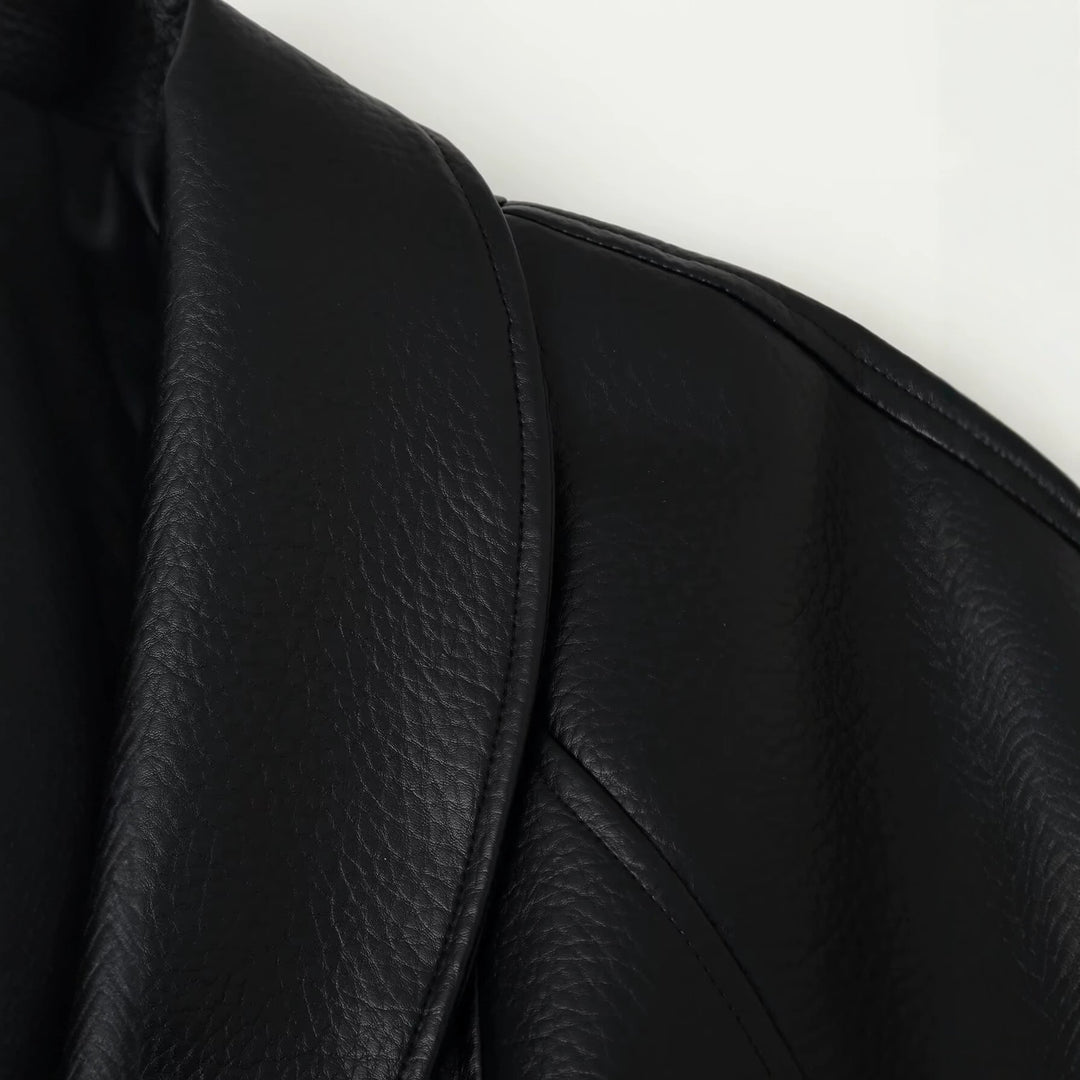 Damen Taillierte Kunstleder-Jacke mit Schalkragen und Bindegürtel Drune