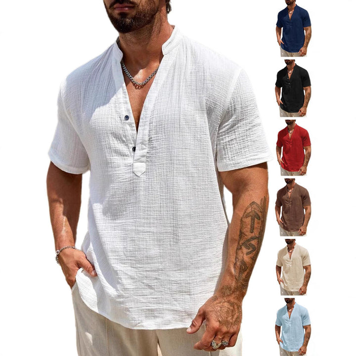 Herren Kurzarm Henley Hemd mit modernem Stehkragen aus leichtem Baumwollmaterial Drune
