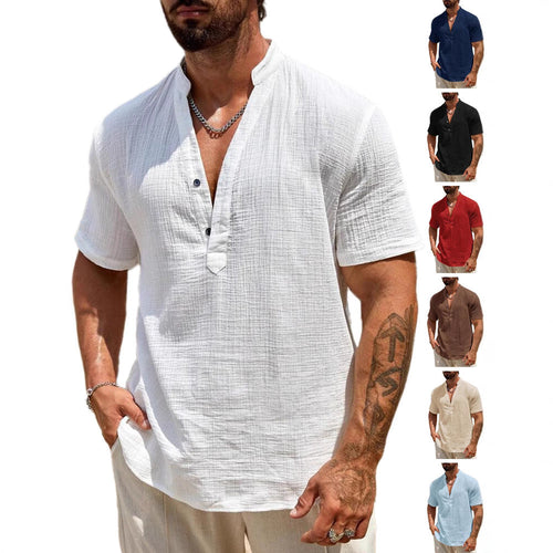 Herren Kurzarm Henley Hemd mit modernem Stehkragen aus leichtem Baumwollmaterial Drune