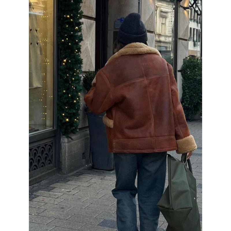 Damen Oversize Lammfell‑Optik Fliegerjacke mit voluminösem Schalkragen Drune